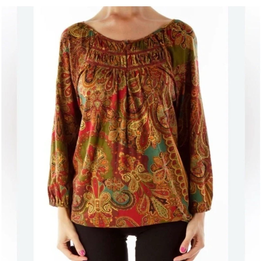 Lauren Ralph Lauren Women’s Top L  Paisley 3/4 Sleeve Keyhole Top 100% Cotton